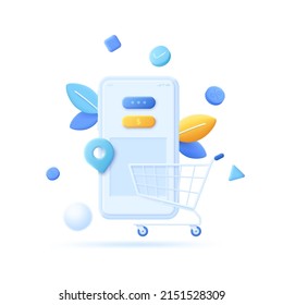 Shopping cart and smartphone. Concept of mobile application for Internet shopping, buying goods in online store or boutique via phone app. Modern vector illustration in pseudo 3d style for poster.