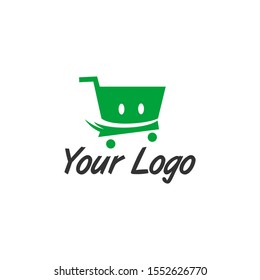 Shopping cart with smile face logo template, fast delivery online shop logo concept