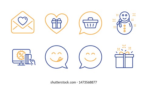 Shopping cart, Snowman and Love letter line icons set. Online shopping, Smile chat and Yummy smile signs. Romantic gift, Special offer symbols. Dreaming of gift, New year. Holidays set. Vector
