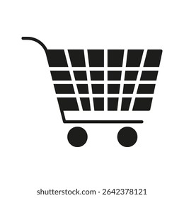 Shopping Cart Solid Icon. E-Commerce, Retail, And Online Shopping Silhouette Symbol. Consumer Purchase And Marketplace Representation. Isolated Vector Illustration.