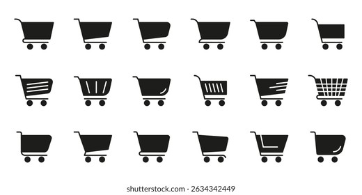 Shopping Cart Solid Icon Set. E-Commerce, Online Shopping, And Retail Marketplace Silhouette Symbol Collection. Various Cart Designs For Digital And Physical Stores. Isolated Vector Illustration.