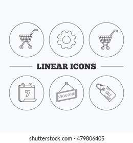 Shopping cart, special offer and sale coupon icons. Sale linear signs. Flat cogwheel and calendar symbols. Linear icons in circle buttons. Vector