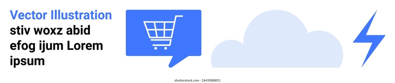 Shopping cart in speech bubble with cloud and lightning bolt. Ideal for technology, e-commerce, cloud storage, online shopping, digital marketing, internet services. Landing page