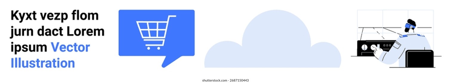 Warenkorb in Sprechblase, Cloud-Symbol, Person mit Computer-Schnittstelle. Ideal für E-Commerce, Online-Shopping, Cloud-Services, Benutzerinteraktion, Datenspeicherung, digitale Kommunikation, Technologie