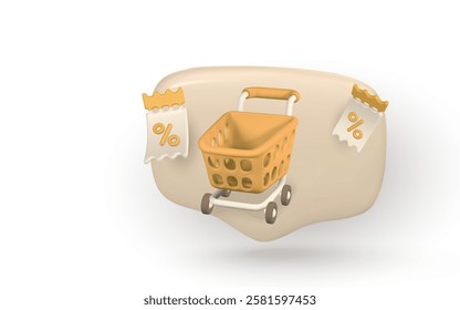 Shopping cart, speech bubble, discount, promotion, sale, shopping concept. Shopping bag for buy and sale. Vector illustration.