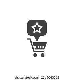 Shopping cart with a speech bubble and star vector icon. filled flat sign for mobile concept and web design. Product Feedback glyph icon. Symbol, logo illustration. Vector graphics