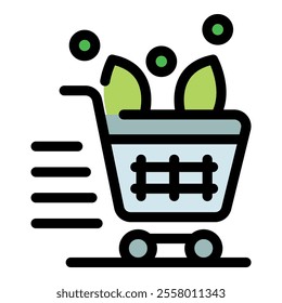 Shopping cart speeding with fresh produce inside symbolizing fast delivery of groceries or online shopping