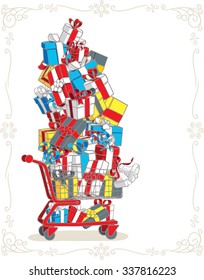Shopping Cart Stacked with Presents Vector Cartoon - Vector illustration of a red shopping trolley full of gifts
