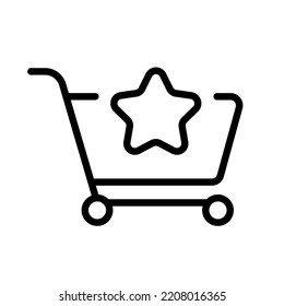 Shopping cart with star. Shop, online store, buy, favourite, sale, customer, order, client. Purchase concept. Vector black line icon on a white background