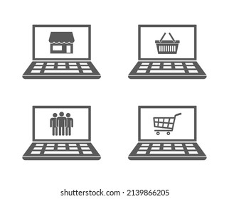 Shopping cart, store, customers in laptop computer icon set