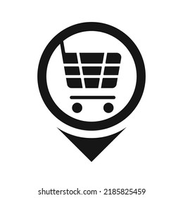 Shopping cart, store location on the map, shop next to the road, icon for user interface.