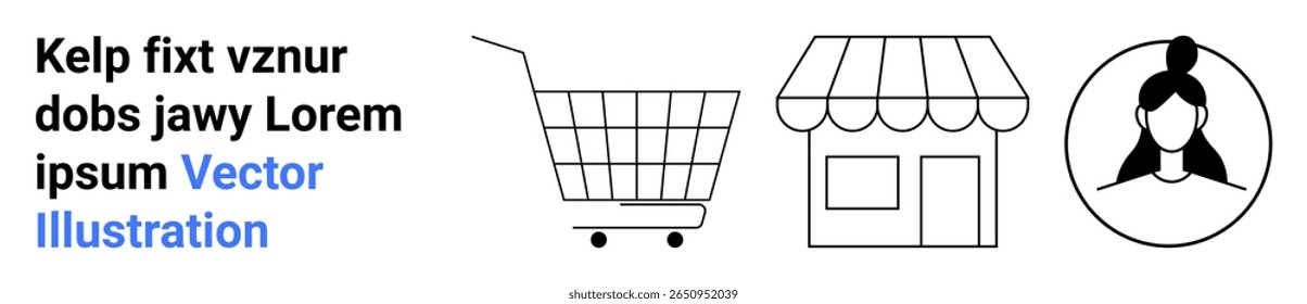Carrinho de compras, vitrine com um toldo e ícone de perfil de cliente feminino ilustram compras de varejo digitais. Ideal para e-commerce, lojas on-line, aplicativos de compras, sites de varejo, negócios