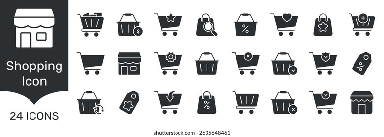 Shopping Cart And Storefront Solid Icon Set. E-Commerce, Retail, And Online Shopping Silhouette Symbol Collection. Includes Discount Tags, Baskets, And Search Icons. Isolated Vector Illustration.