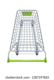 Shopping cart for supermarket products. Shop equipment. Realistic market trolley. Top view. Isolated white background. EPS10 vector illustration.