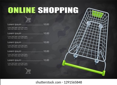 Shopping cart for supermarket products. Shop equipment. Realistic market trolley. Top view. Dark background. EPS10 vector illustration.