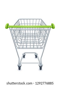 Shopping cart for supermarket products. Shop equipment. Realistic market trolley. Side view. Isolated white background. EPS10 vector illustration.