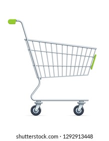 Shopping cart for supermarket products. Shop equipment. Realistic market trolley. Side view. Isolated white background. EPS10 vector illustration.