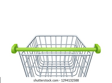 Shopping cart for supermarket products. Shop equipment. Realistic market trolley. Side view. Isolated white background. EPS10 vector illustration.