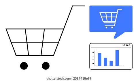 Shopping cart symbol alongside blue speech bubble with e-commerce icon and analytics chart on a webpage. Ideal for online shopping, e-commerce, business strategy, digital marketing, sales analysis