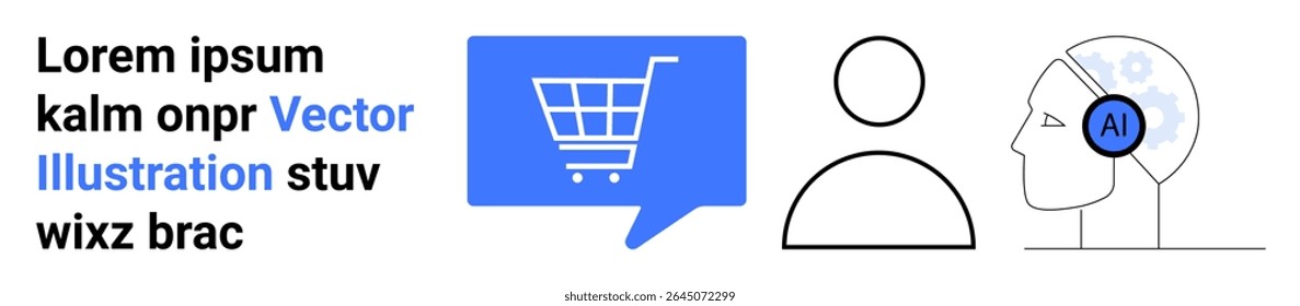 Símbolo do carrinho de compras na bolha de fala azul, figura humana abstrata, cabeça com fone de ouvido símbolo AI. Ideal para comércio eletrônico, suporte ao cliente, integração de IA, tecnologia, compras on-line, serviços digitais