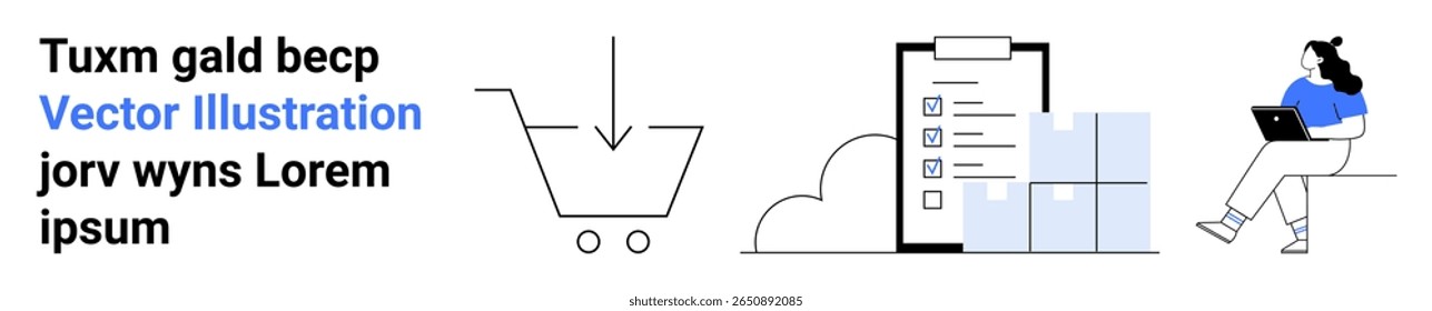 Shopping cart symbol, checklist on clipboard, person with laptop on stacked boxes. Ideal for online shopping, e-commerce platforms, order management, customer service, inventory control, sales