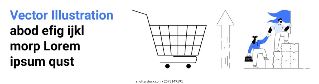 Shopping cart symbolizes e-commerce. Business person helping another climb graph represents growth and success. Ideal for online retail, e-commerce success tips, business growth, teamwork