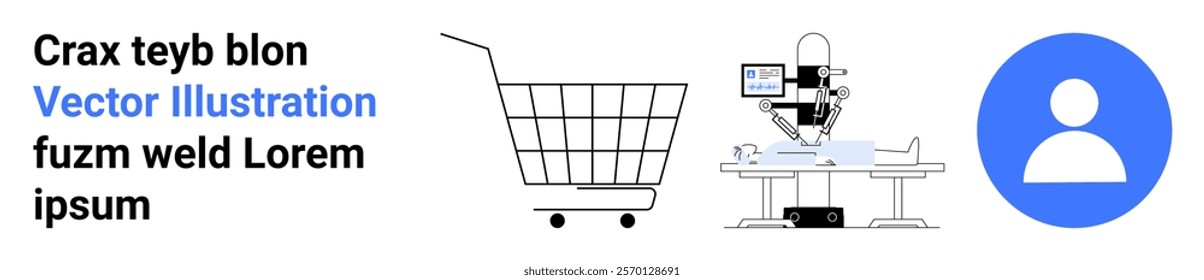 Shopping cart symbolizes online shopping Robot symbolizes healthcare technology Avatar represents user profile Ideal for e-commerce, health tech, digital services, user profiles, modern tech Banner