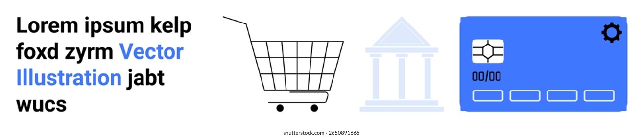 Carrinho de compras simbolizando e-commerce, edifício clássico representando um banco, cartão de crédito com configurações ícone para pagamento digital. Ideal para e-commerce, compras on-line, serviços bancários, finanças