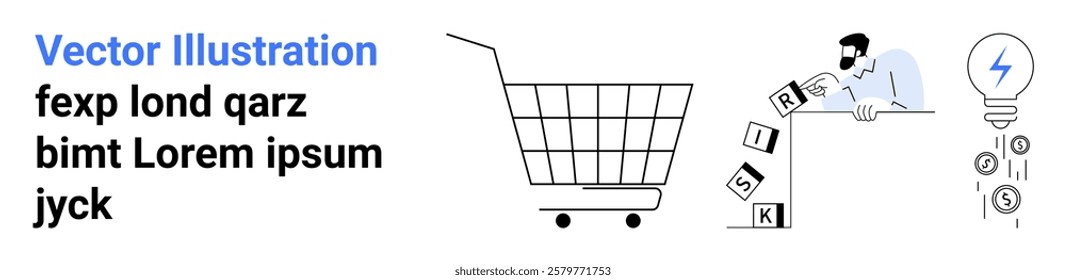 Shopping cart symbolizing e-commerce next to a person managing risk with blocks amid an idea bulb. Ideal for e-commerce, risk management, business strategy, innovation, and technology. Banner