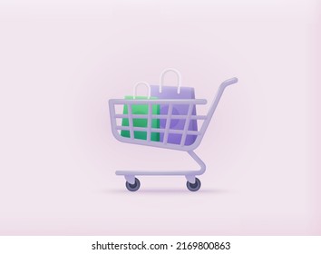 Carrito de compras con una bolsa de compras.  Ilustraciones de vectores Web 3D.