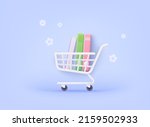 Shopping cart with tack of colored books on it. Online books shopping concept. 3D Web Vector Illustrations.