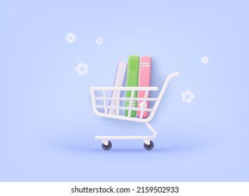 Shopping cart with tack of colored books on it. Online books shopping concept. 3D Web Vector Illustrations.