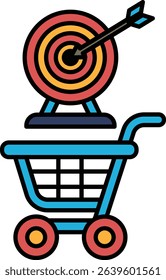 A shopping cart with a target on top of it. The target is a bullseye with a black arrow pointing to it