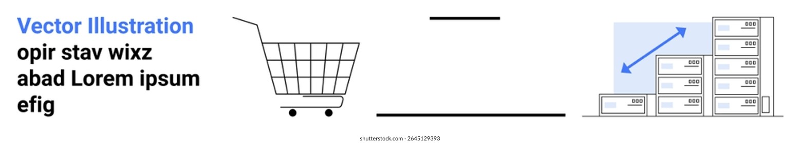 Shopping cart with text, arrow pointing to warehouse storage with stacked boxes and upward trend. Ideal for eCommerce, logistics, retail, inventory management, supply chain optimization, warehousing