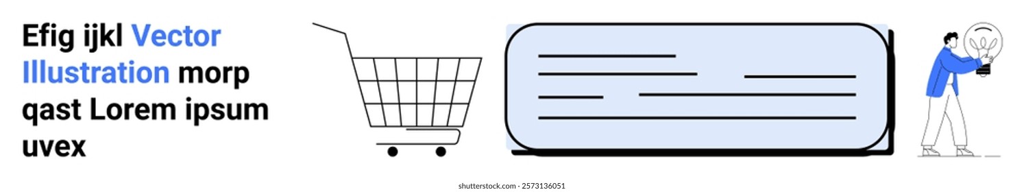 A shopping cart, text box, and a person using a magnifying glass with placeholder text. Ideal for e-commerce, online stores, user experience, customer support, and web design. Banner for landing page