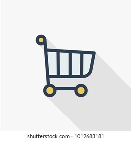 Shopping Cart thin line flat color icon. Linear vector illustration. Pictogram isolated on white background. Colorful long shadow design.
