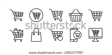 Shopping cart thin line icon vector set. Containing bag, basket, full, empty, online shop business, click button. Purchase, buy, sell, and sale in supermarket with cart for app and website