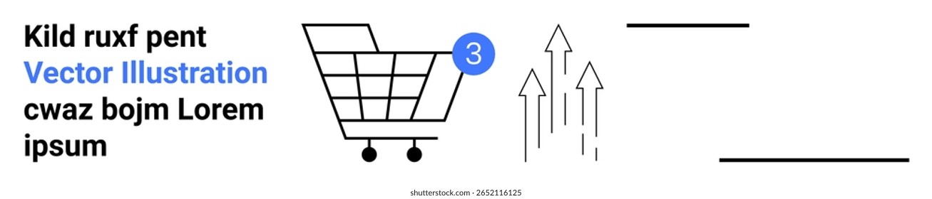 Carrinho de compras e três setas que indicam crescimento, com elementos de texto. Ideal para e-commerce, compras on-line, aumento de vendas, crescimento do mercado, análise de negócios, setor de varejo, página inicial