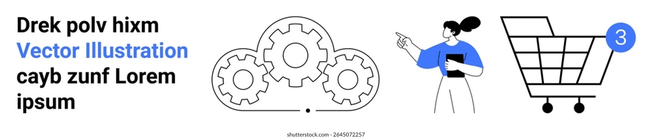 Shopping cart, three interconnected gears, and woman holding a clipboard. Ideal for e-commerce, online shopping, digital marketing, technology solutions, customer service, business strategy, project