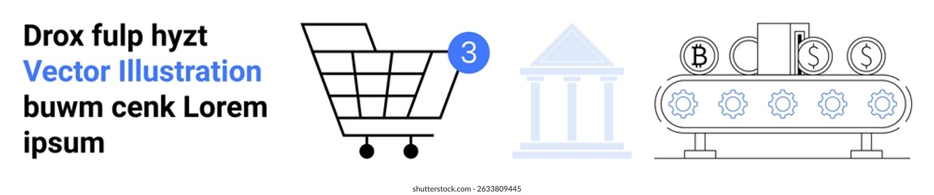 Shopping cart with three items, blue gear and bank icon, conveyor belt with currency symbols, and text. Ideal for e-commerce, automation, banking, shopping, finance, technology, modern business