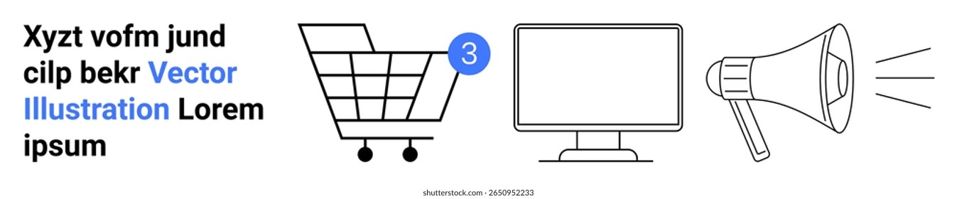 Carrinho de compras com três itens, monitor de computador e megafone. Ideal para e-commerce, marketing digital, compras on-line, web design, publicidade digital, anúncios, página inicial