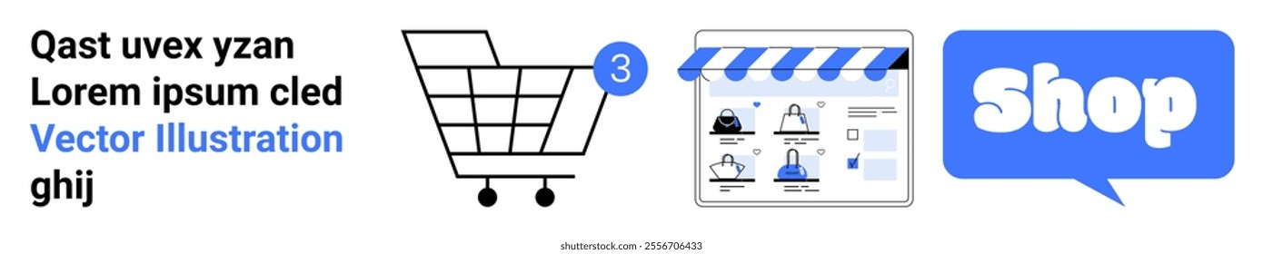 Shopping cart with three items, digital storefront interface, and a bubble with the word Shop. Ideal for e-commerce, online shopping, digital marketplaces, retail, and internet business. Landing page