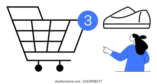 Shopping cart with three items indicator blue circle woman in blue pointing, shoe Ideal for e-commerce online shopping retail promotions marketing customer engagement