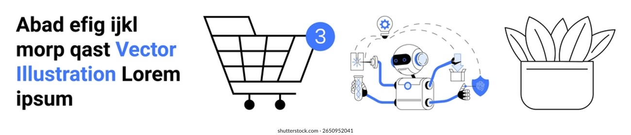 Carrinho de compras com três itens, robô usando IA com dispositivos interconectados e planta simples em pote. Ideal para e-commerce, tecnologia de IA, design minimalista, temas digitais, automação, web moderna