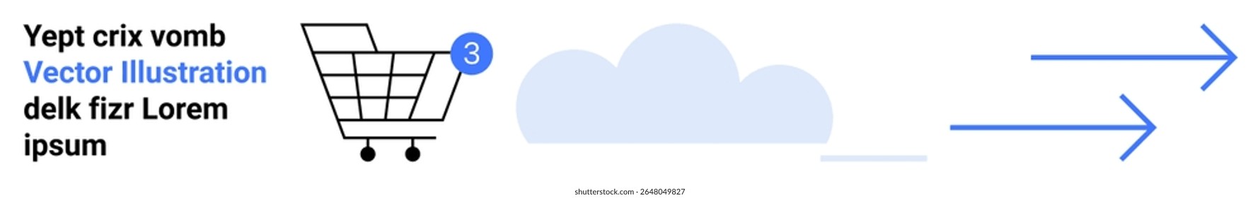 Shopping cart with three notifications, cloud icon, and blue arrows pointing right. Ideal for e-commerce, online shopping, notifications, progress, cloud computing, navigation, digital marketing