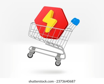 Carro de compras con el signo del perno. Ilustración aislada vectorial 3