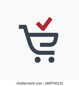 Shopping cart with tick line vector minimalistic icon. Commerce vector symbol. Supermarket done cart icon for web design. Modern flat sale icon for app design. Store buy sign minimal flat linear icons