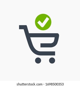Shopping cart with tick line vector minimalistic icon. Commerce vector symbol. Supermarket done cart icon for web design. Modern flat sale icon for app design. Store buy sign minimal flat linear icons
