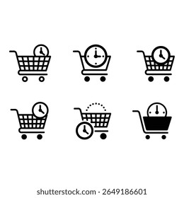 Shopping Cart Time Icons Black and White Line Art Set E commerce Fast Delivery Urgent Purchase Concept