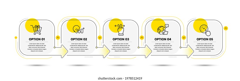Shopping cart, Touchscreen gesture and Time management line icons set. Timeline process flowchart. Full rotation sign. Gift box, Swipe, Office clock. 360 degree. Technology set. Vector